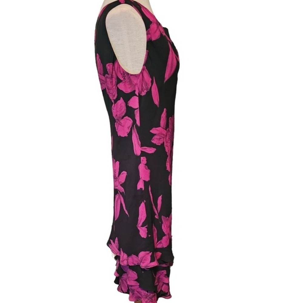 Evan Picone floral dress size 12 fuchsia black asymmetrical midi ruffle hem - Picture 4 of 9